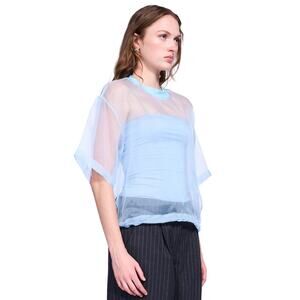 NWT VIAVIA 100% Silk Sheer Organza Tee Clear Sky Blue Short Sleeve S